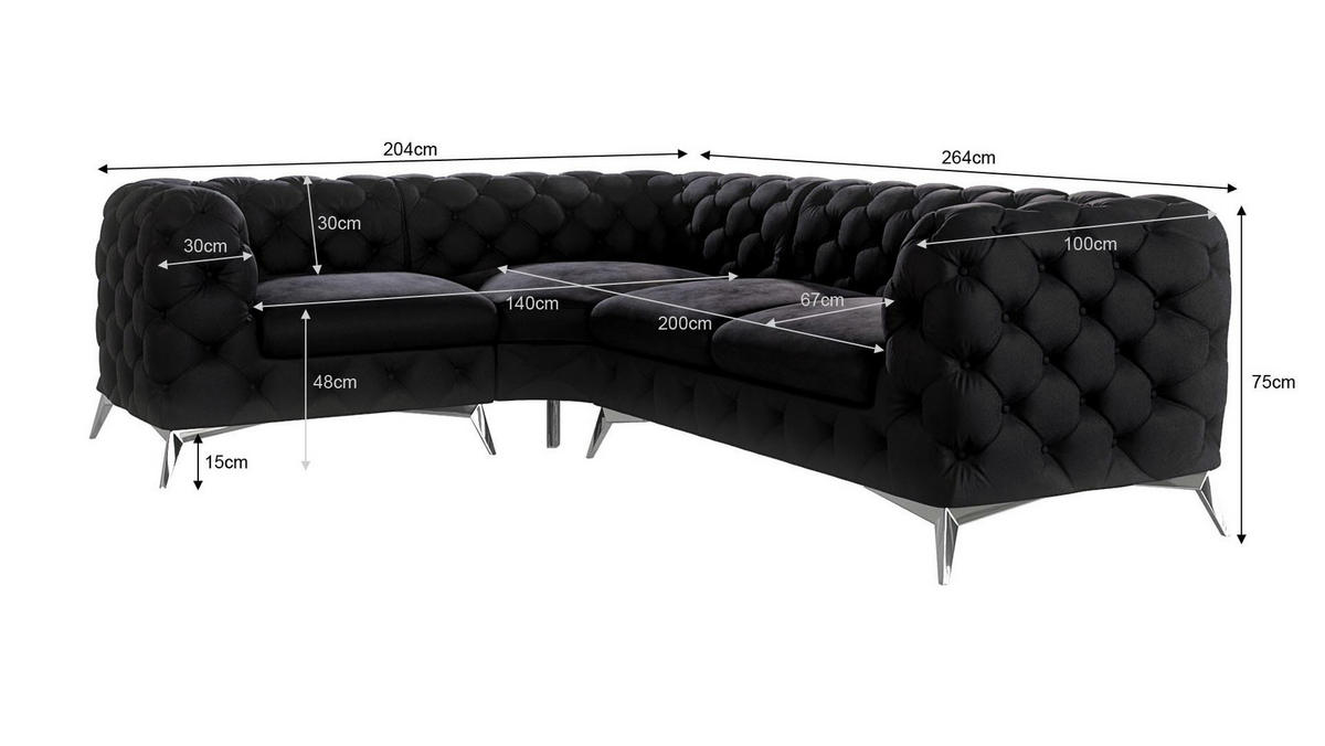 ECKSOFA Chesterfield Laura Schwarz Samt, Ottomane Links - Silberfarben/Schwarz, Holz/Textil (264/204cm) - S-Style Möbel