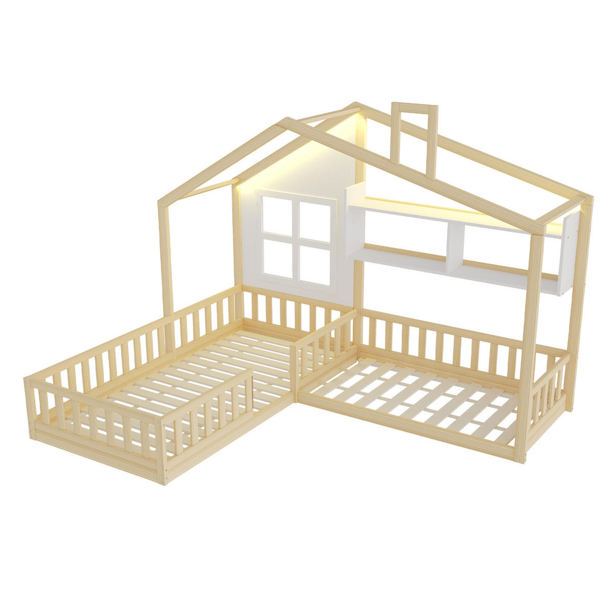 KINDEREINZELBETTEN aus Massivholz und MDF 90x200 cm in Naturholz/Weiß mit LED & Regalen - Naturfarben, Holz (90/200cm) - Modfu