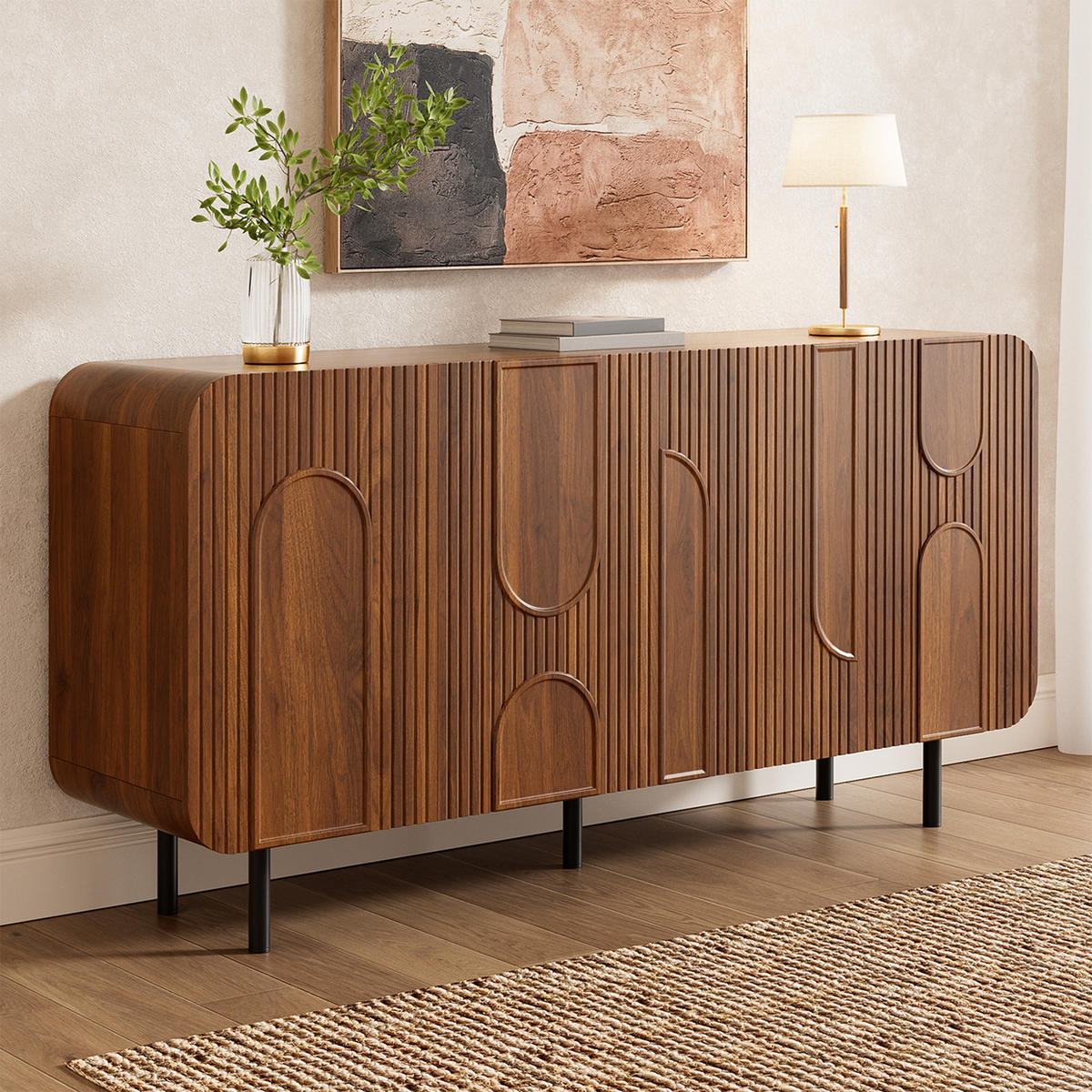 SIDEBOARD Mid-Century 4 Türen Nussbaum 8 Fächer modern - Walnussfarben, Holzwerkstoff (40/79/160cm) - FLIEKS