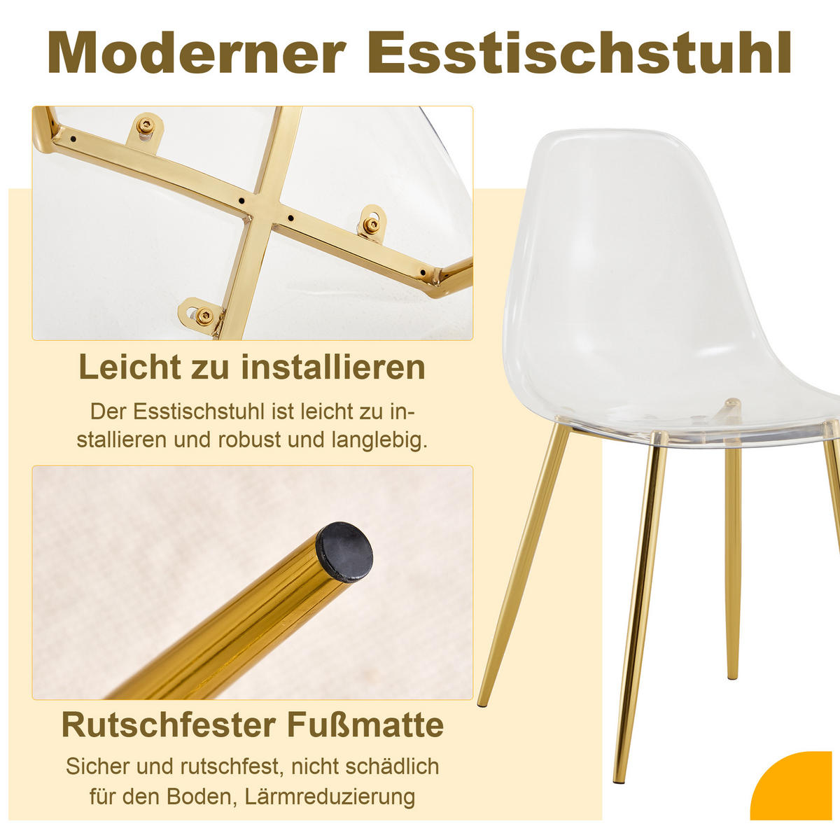 STUHL-SET DE-36594 4 Stück mit transparenter Sitzschale Gold - Goldfarben, Metall (45.7/83/44cm) - ComfortXL