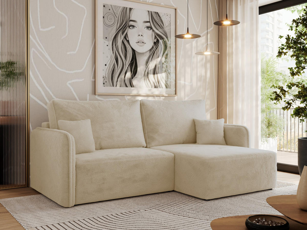 ECKSCHLAFSOFA MESTO L Creme Plüsch - rechts - Creme/Schwarz, Kunststoff/Textil (147/227cm) - MKS