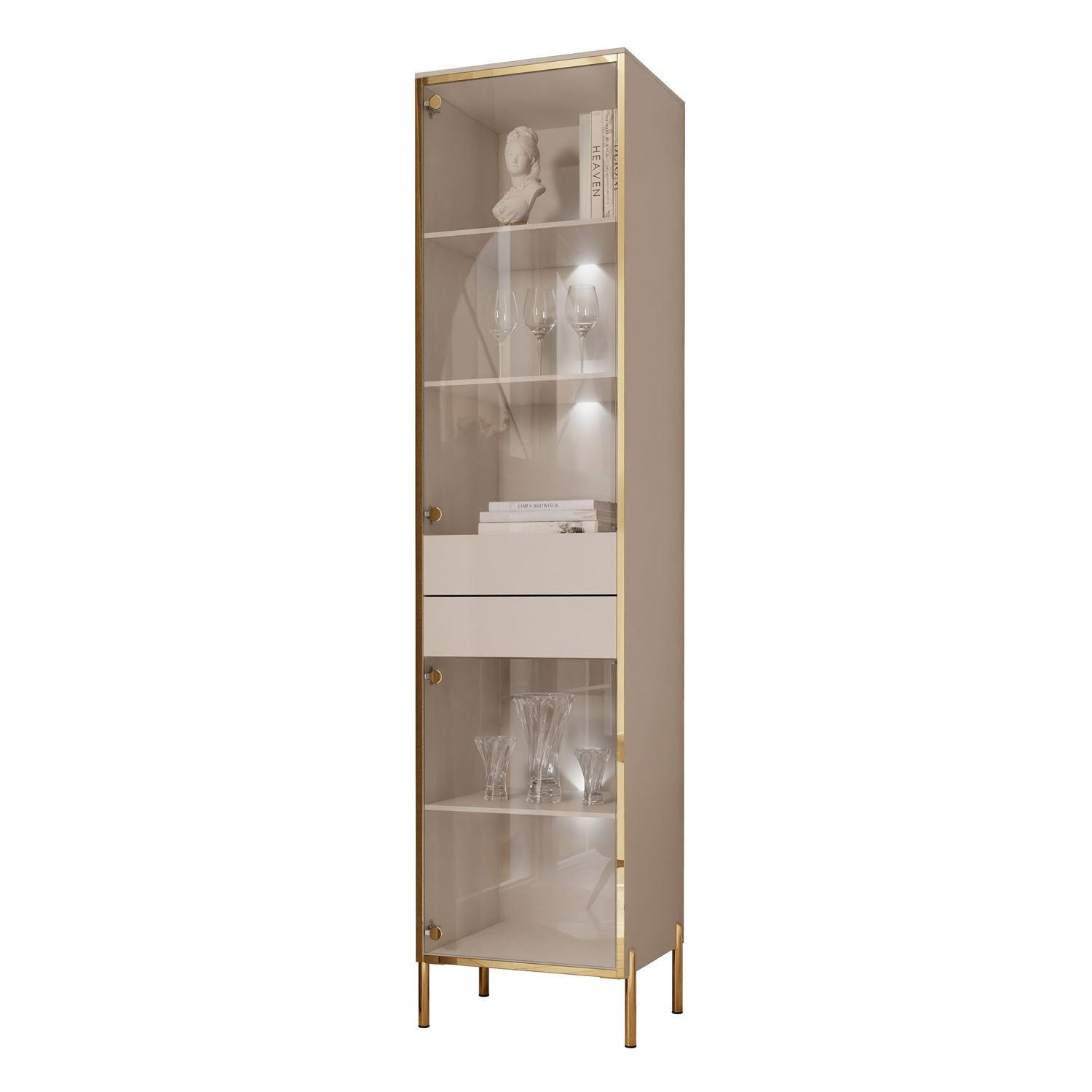 VITRINE AURORA in Kaschmir mit LED-Beleuchtung mit gerade Goldchrom Fuße - Kaschmir/Goldfarben, Holzwerkstoff/Metall (45/195/40cm) - Lookway