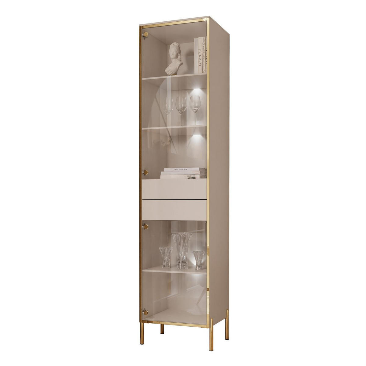 VITRINE AURORA in Kaschmir mit LED-Beleuchtung mit gerade Goldchrom Fuße - Kaschmir/Goldfarben, Holzwerkstoff/Metall (45/195/40cm) - Lookway