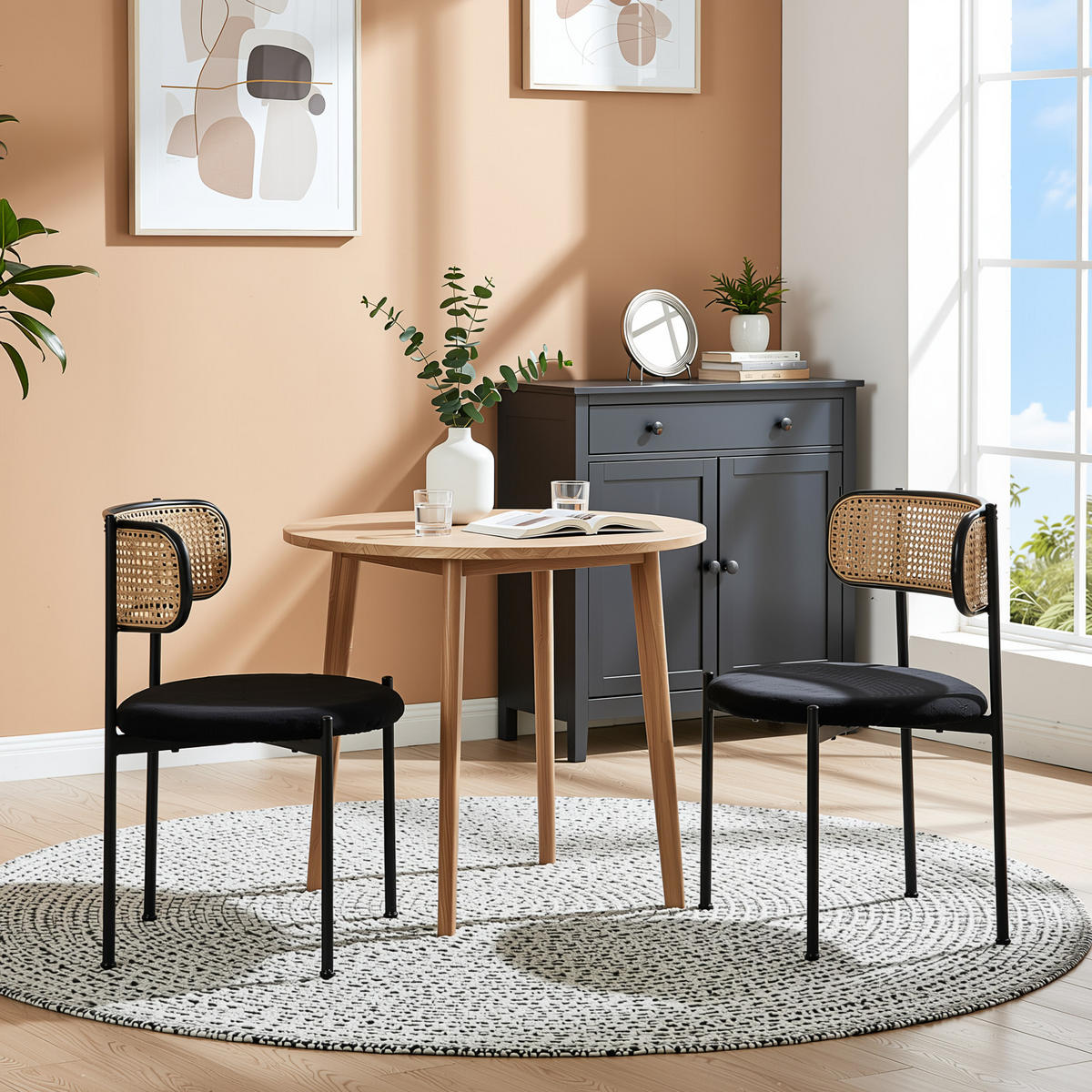JÍDELNÍ ŽIDLE sada 2 ks, černý samet a ratan, čalouněné s kovovými nohami - černá, textil (51/75/51cm) - Urban Meuble