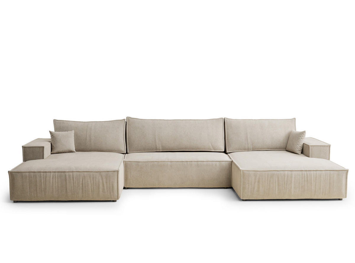 WOHNLANDSCHAFT Kyoto Beige Webstoff - Beige/Schwarz, Holz/Holzwerkstoff (398/70/148cm) - Maison de Reve