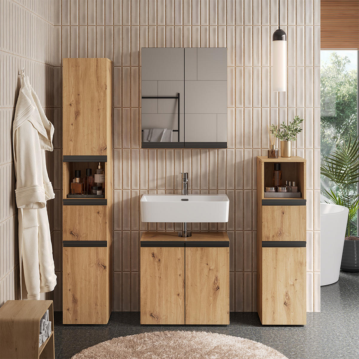 MIDISCHRANK Torren Artisan 30 x 112.6 cm mit Schublade - Hellgrau, Holzwerkstoff (30/112.6/35cm) - Vicco