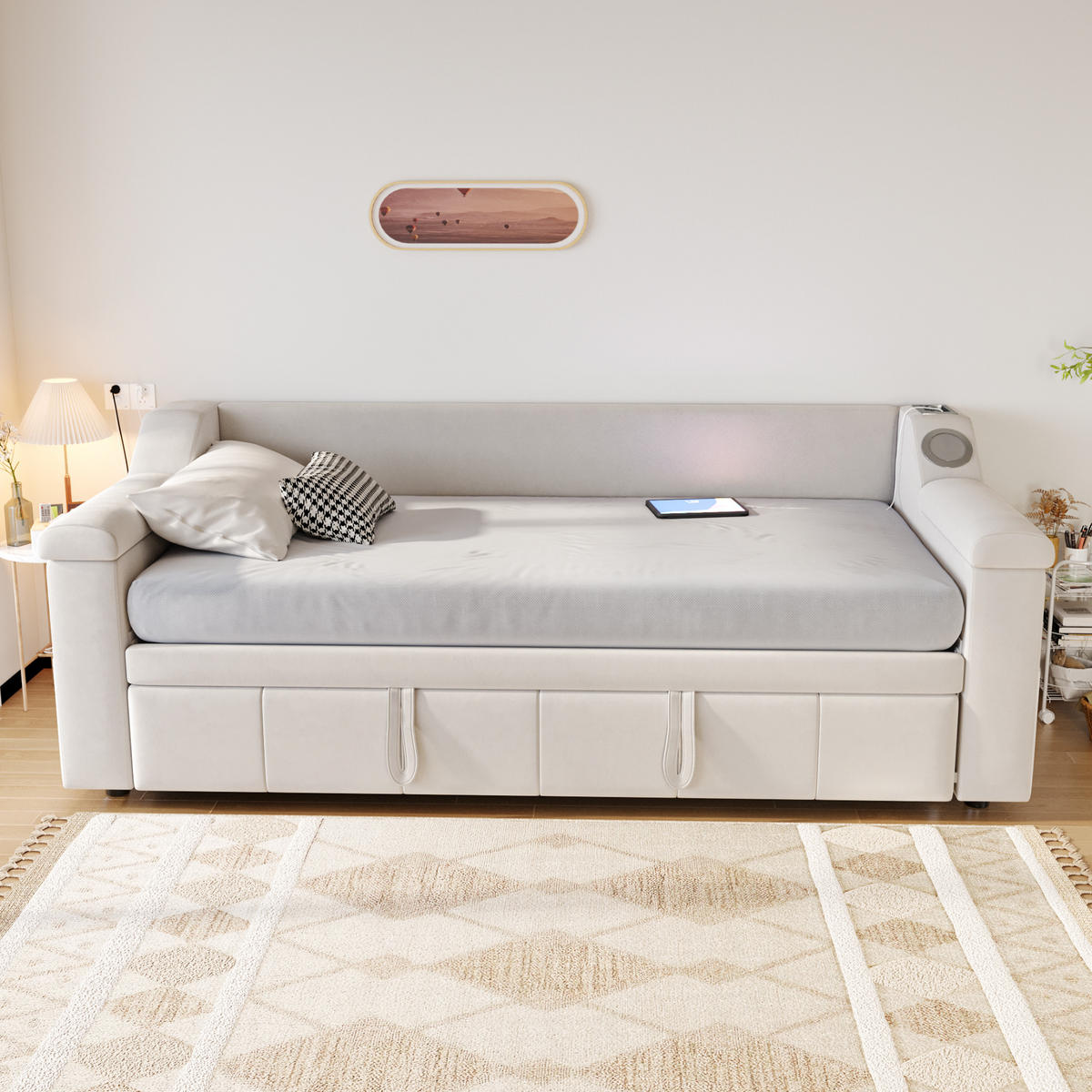 AUSZIEHBETT 90/190 cm beige mit Bluetooth-Stereoanlage und Ablagefächern - Weiß, Textil (90/190cm) - OKWISH