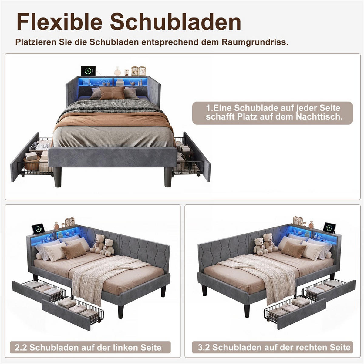 POLSTERBETT 90x200 cm mit Kopfteil-Stauraum - 2 Schubladen - USB Type-C & LED - ohne Matratze - Grau - Grau, Textil (90/200cm) - DELFA