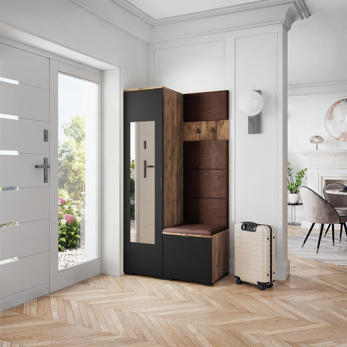 GARDEROBENSCHRANK VIRA 95/181/51 cm Modern Garderobe-Set Eiche Lefkas - Eichefarben/Schwarz, Holzwerkstoff (95/181/51cm) - MASSENO