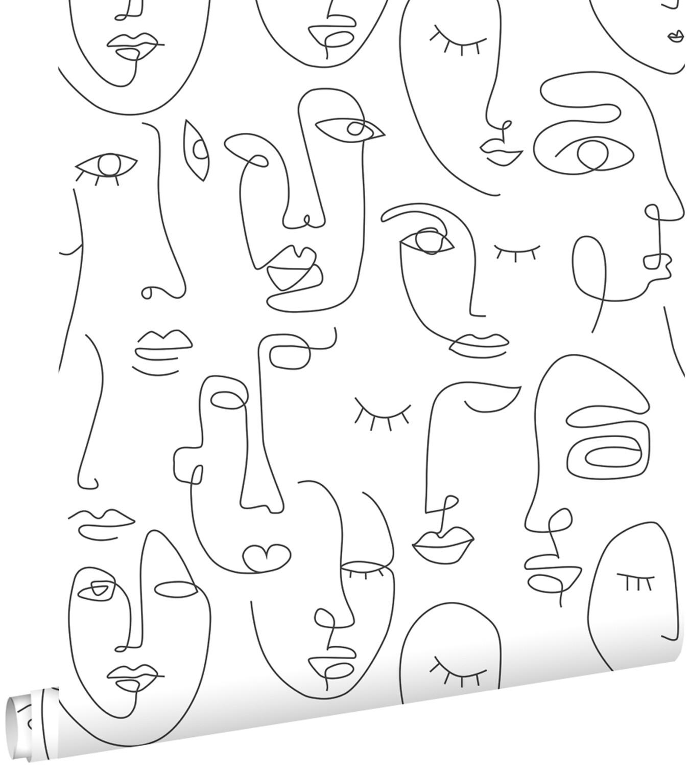 TAPETE Line Art Gesichter 53 cm x 10.05 m - Schwarz, Papier (53/1000cm) - ESTAhome