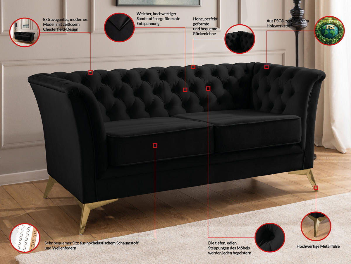 SITZGARNITUR 3+2 Chesterfield Whitby Schwarz Samt mit goldenen Füßen - Goldfarben/Schwarz, Holz/Textil (237/78/82cm) - S-Style Möbel