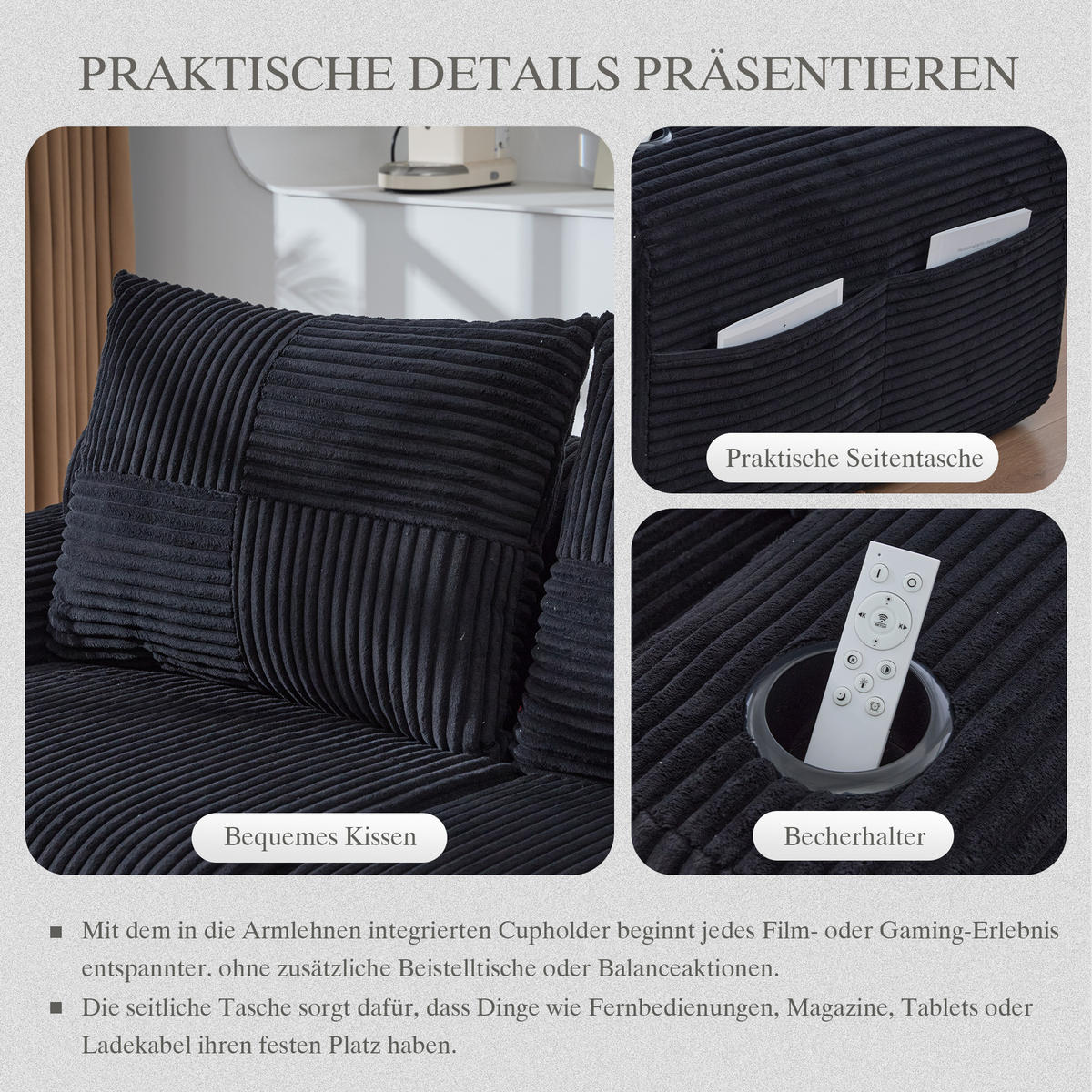 MODULARES 2-Sitzer Cordsofa mit Hocker Getränkehalter und Seitentasche 200/174/80 cm Schwarz - Schwarz, Textil (174/200cm) - Redom