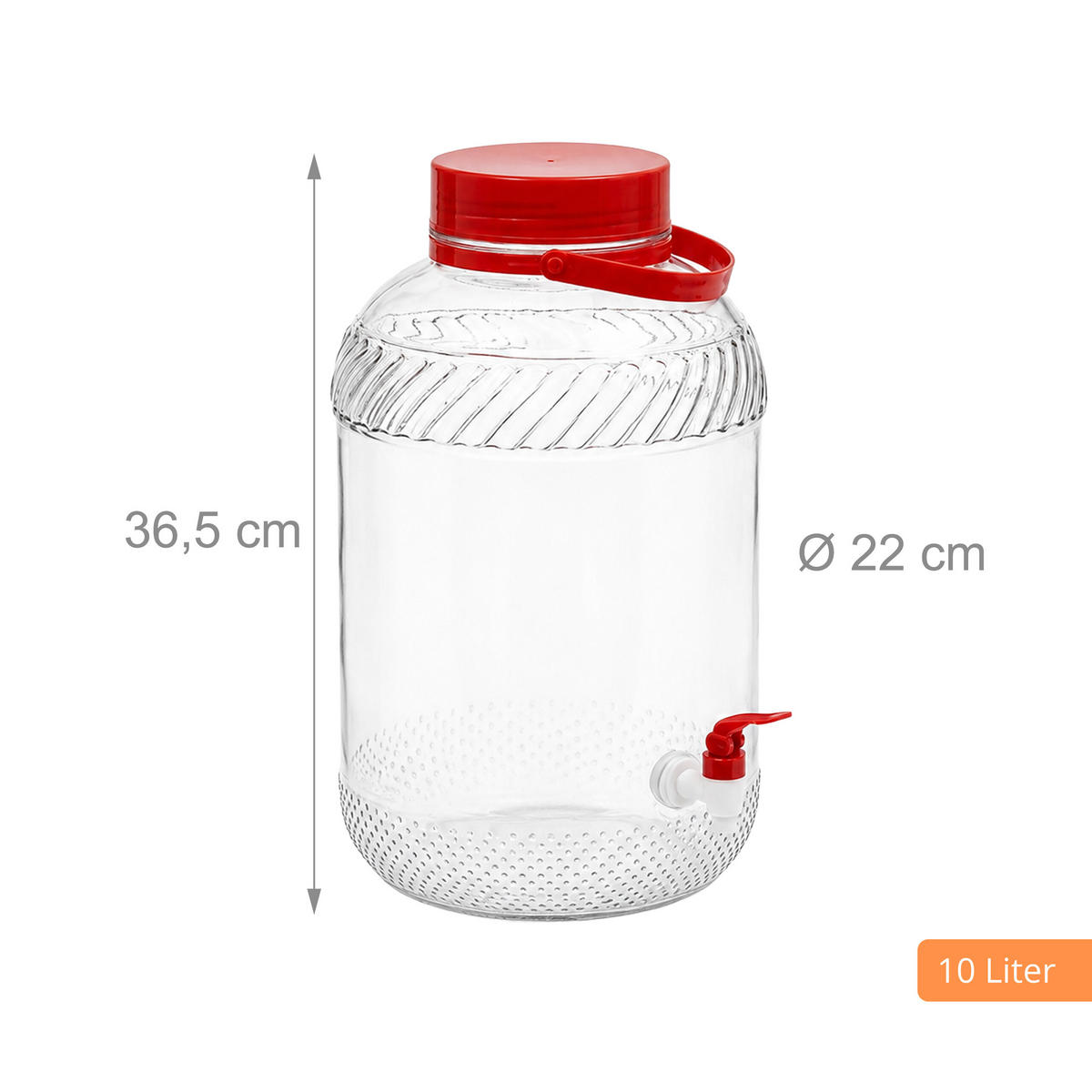 DOZATOR BĂUTURI Roșu sticlă 10 l cu robinet - transparent, sticlă/material plastic (10L) - Relaxdays
