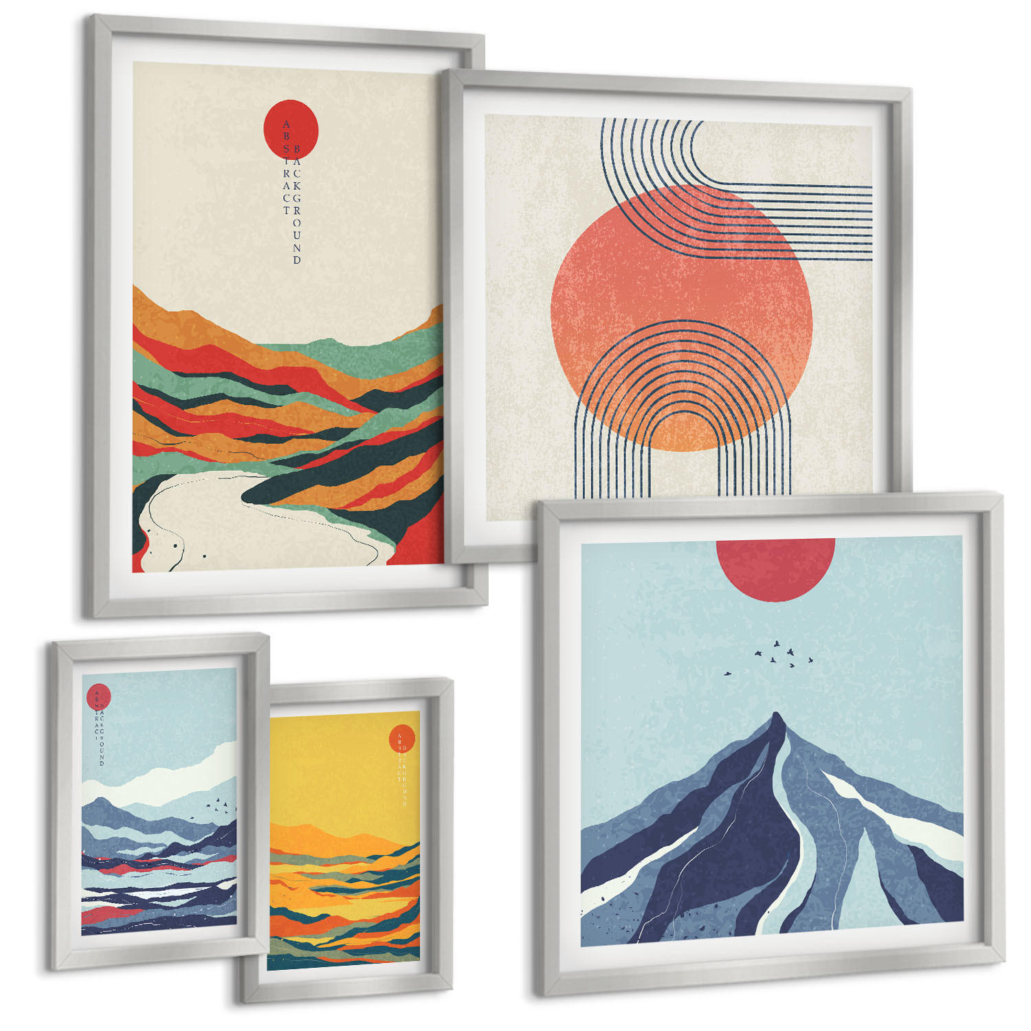BILDER SET 5er Set - 50x50 cm & 20x30 cm & 40x60 cm Silberner Rahmen - Pastellfarbene Berge im Japandi-Stil - Silberfarben, Kunststoff (40/60cm) - TULUP