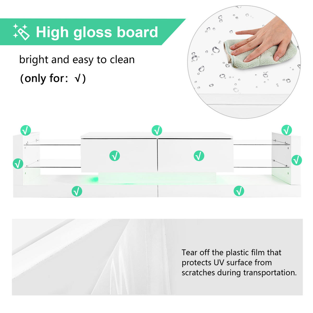 LOWBOARD 181/38/38 cm Weiß aus Spanplatte mit Hochglanzfront, Glasfront und LED-Beleuchtung - Weiß, Holzwerkstoff (38/38/181cm) - OKMYHOME