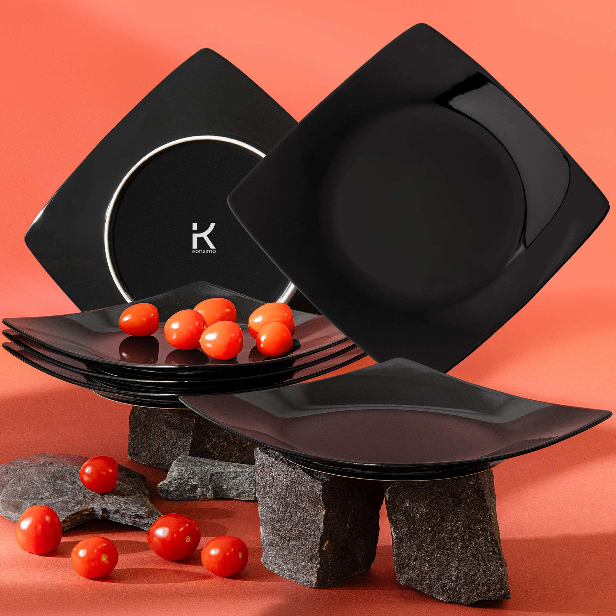 TELLERSET EPIRI Speiseteller 6 Personen 6-tlg - Schwarz Hochglanz, Keramik (25cm) - KONSIMO®