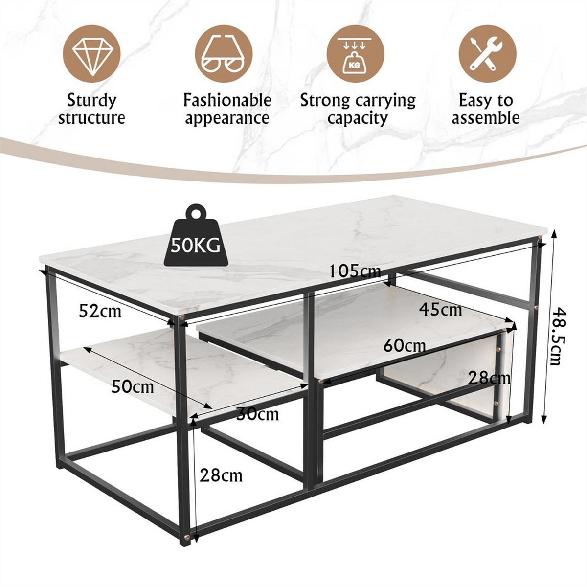 COUCHTISCH - Rechteckiger Couchtisch in Marmoroptik mit schwarzem Metallgestell - Weiß und Schwarz - Schwarz, Holzwerkstoff (52/105/48.5cm) - DELFA