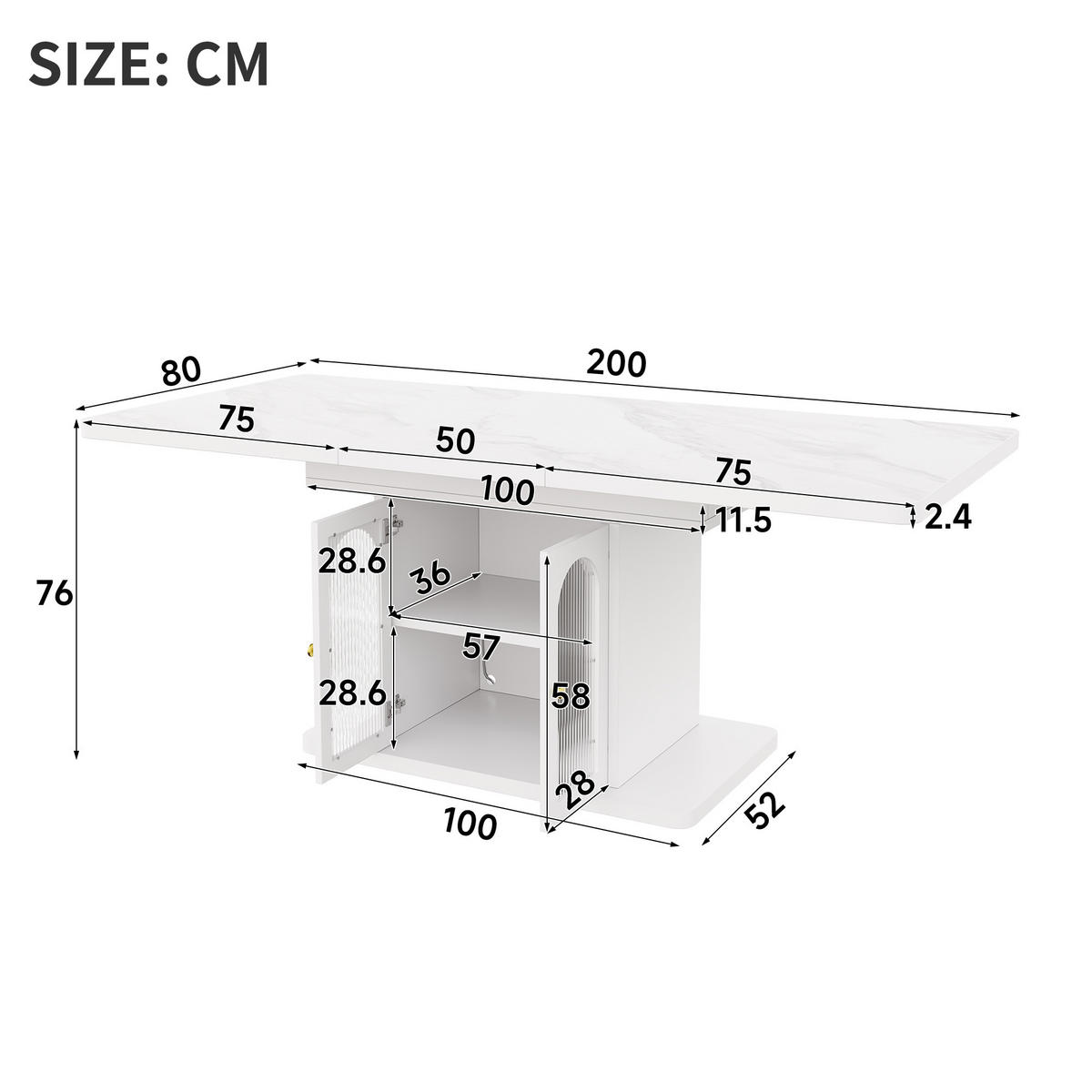 JÍDELNÍ STŮL rozkládací 150-200cm LED bílý mramor - bílá, kompozitní dřevo (80/200/76cm) - FLIEKS