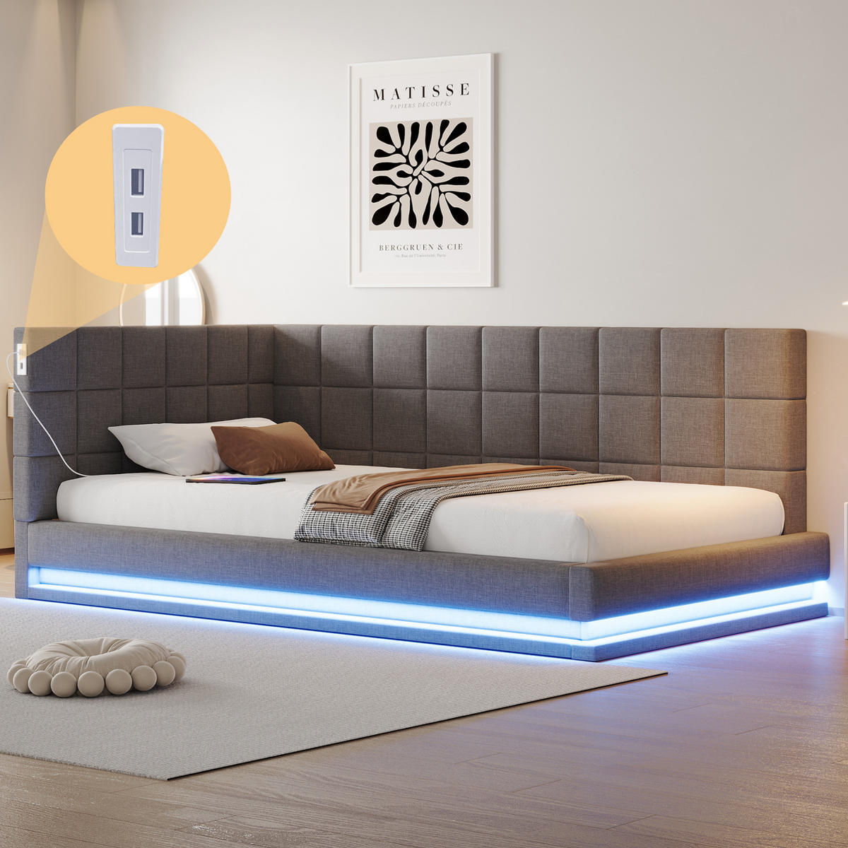 SCHLAFSOFA 90/200 cm in Grau Leinen mit LED und USB - Grau, Holzwerkstoff/Textil (90/200cm) - WISHDOR