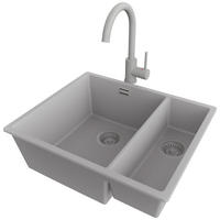 GRANITSPÜLE London Slim Duo, 2-er set Grau 56/47 cm 1,5 Becken + Küchenarmatur 32/20 cm + Ablauf-Set ab 60er Unterschrank - Grau, Kunststoff (56/20/47cm) - Primagran