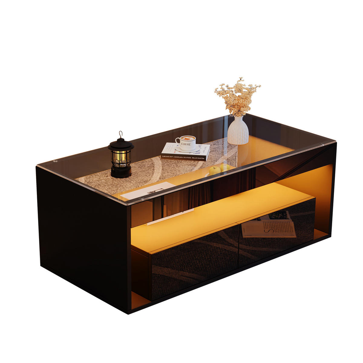 COUCHTISCH 100/50/40 cm schwarz mit 16-farbigem LED-Licht und 2 Schubladen - Schwarz, Holzwerkstoff (100/50/40cm) - OKWISH