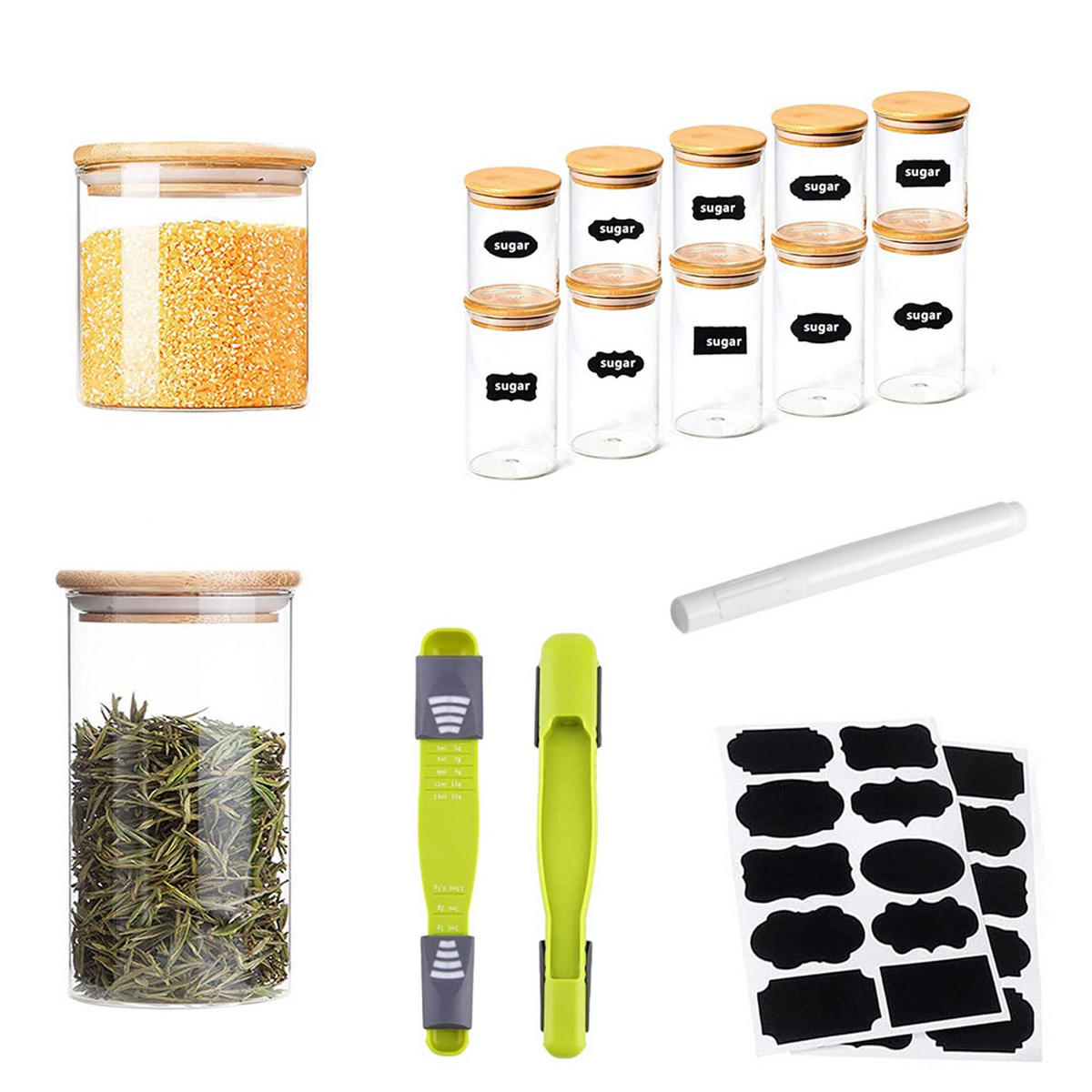 VORRATSGLAS-SET 10er-Set mit Bambusdeckeln – luftdicht beschriftbar und spülmaschinengeeignet Dose mit Deckel - Transparent/Weiß, Glas/Holz (6.5/12/6.5cm) - Livingandhome