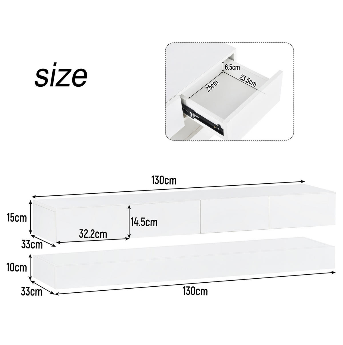 WAND-TV-LOWBOARD in Weiß mit 4 Schubladen und App-LED 130/33/15 cm - Weiß, Holzwerkstoff (130/15/33cm) - Redom