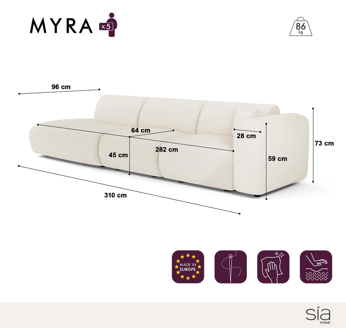 SOFA 5-Sitzer Rastergewebe Hellgrau 310cm - Hellgrau/Grau, Textil (310/73/96cm) - Sia Home
