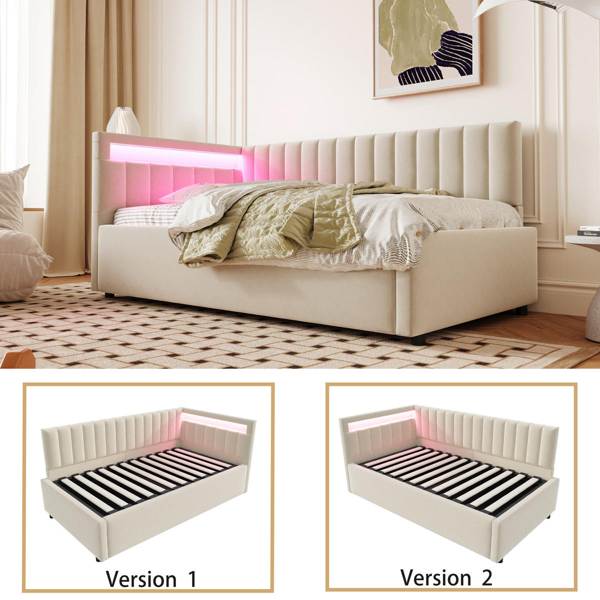 POLSTERBETT 90/200 cm beige aus Samt mit LED und hydraulischem Stauraum - Beige, Textil (90/200cm) - OKWISH