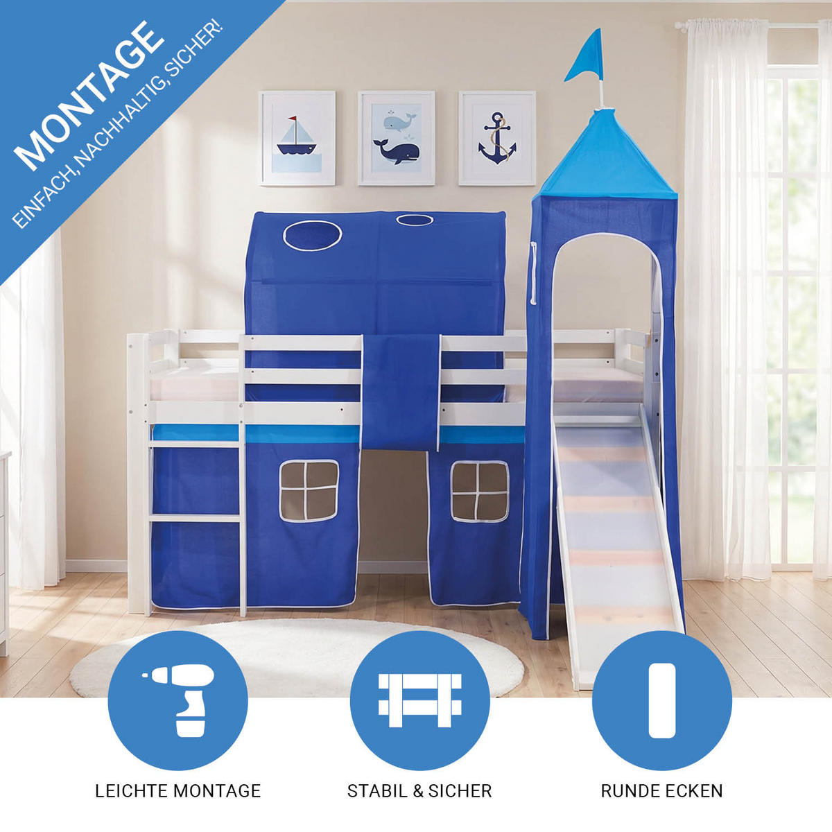 HOCHBETT 90/200 cm in Blau mit Lattenrost + Matratze - Blau/Weiß, Holz - Homestyle4u
