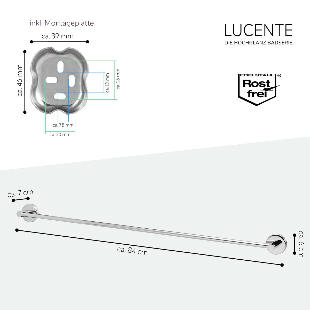 BADETUCHSTANGE LUCENTE, Edelstahl - Chromfarben, Metall (84/6/7cm) - bremermann
