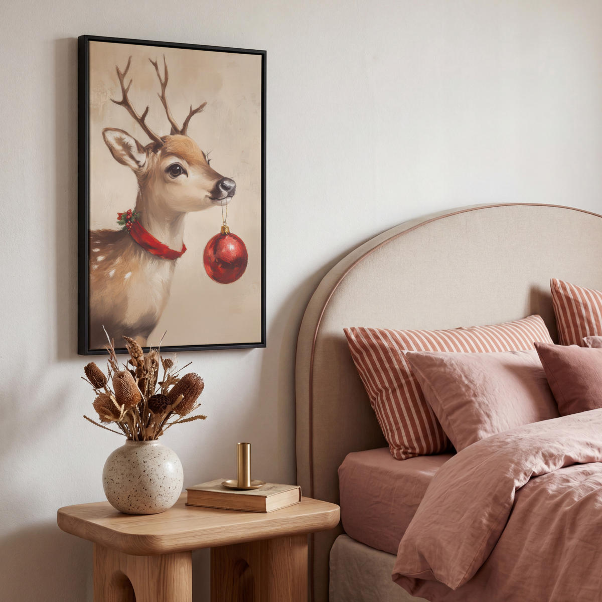 LEINWAND Bilder mit Rahmen - Weihnachten - Hirsch - Geweih - Weihnachtskugel - Rentier - 40x60 - Hellbraun, Textil (40/60cm) - MuchoWow