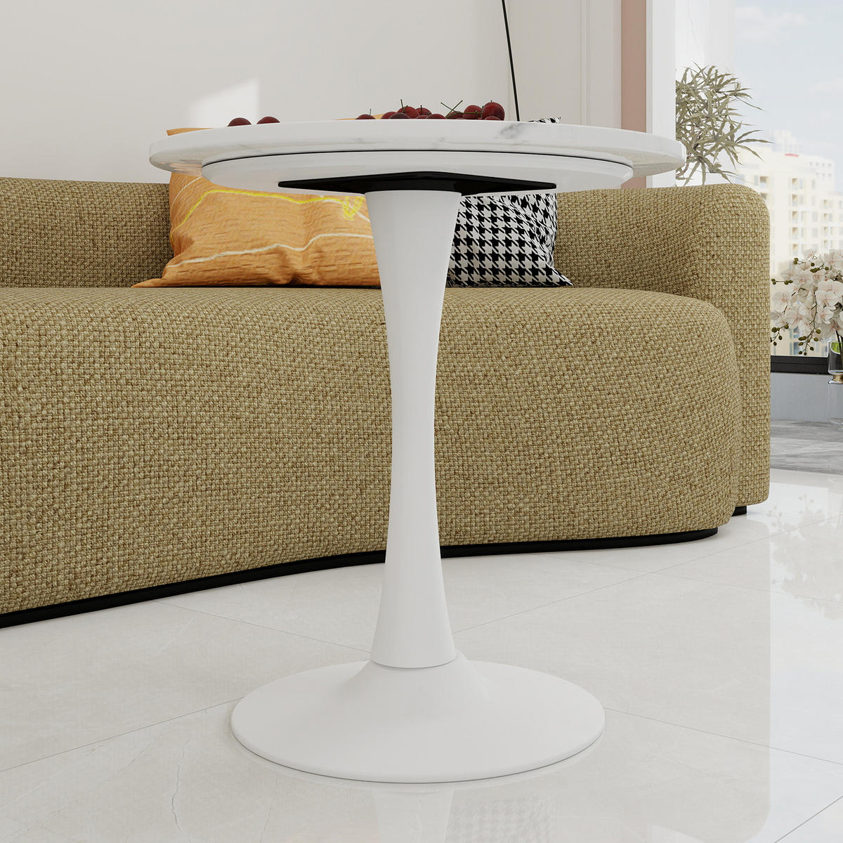 COUCHTISCH 70 cm in Weiß aus Kunstmarmor–rund und vielseitig - Weiß, Stein (70/70/72cm) - Flora Grace