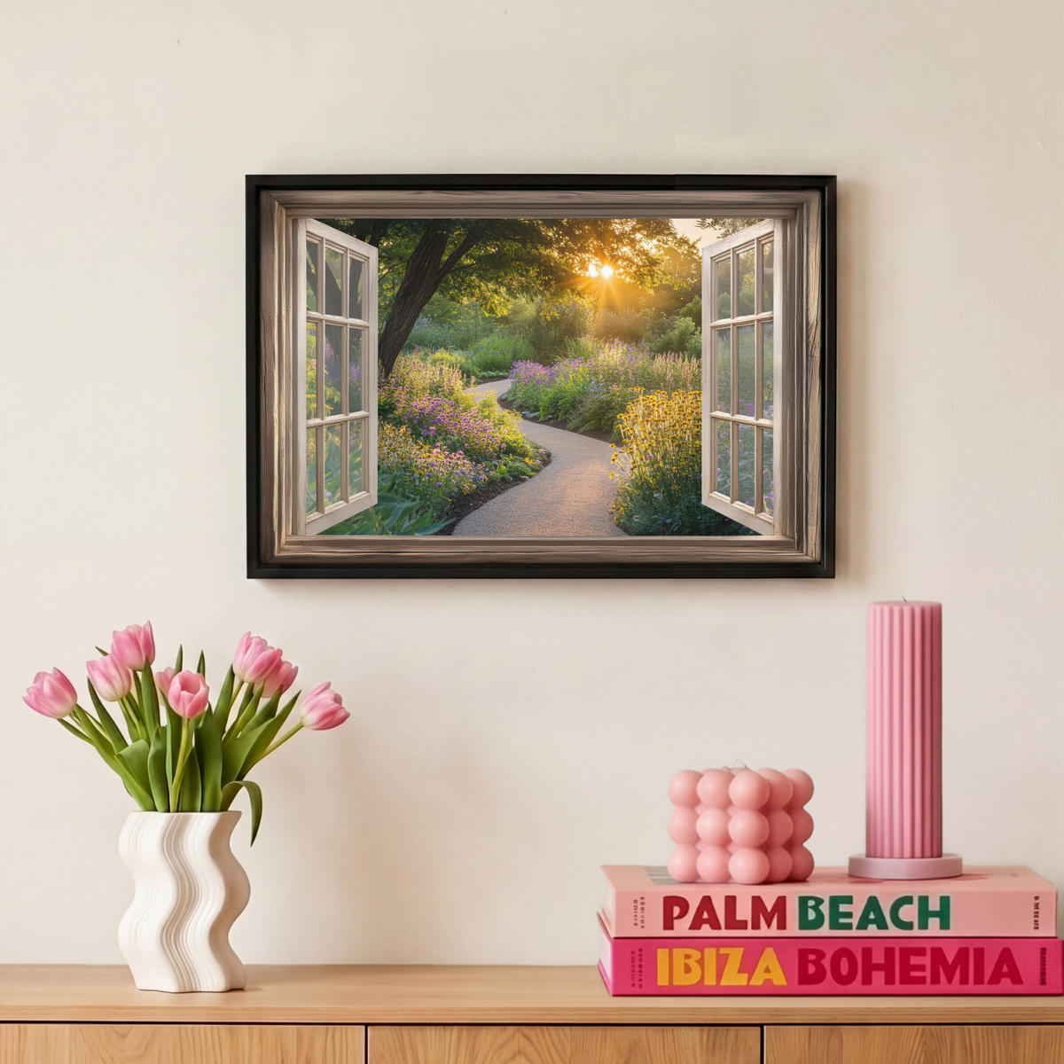 LEINWAND Bilder mit Rahmen - Aussicht - Blumen - Natur - Sonne - Weg - 30x20 - Hellgelb, Textil (30/20cm) - MuchoWow