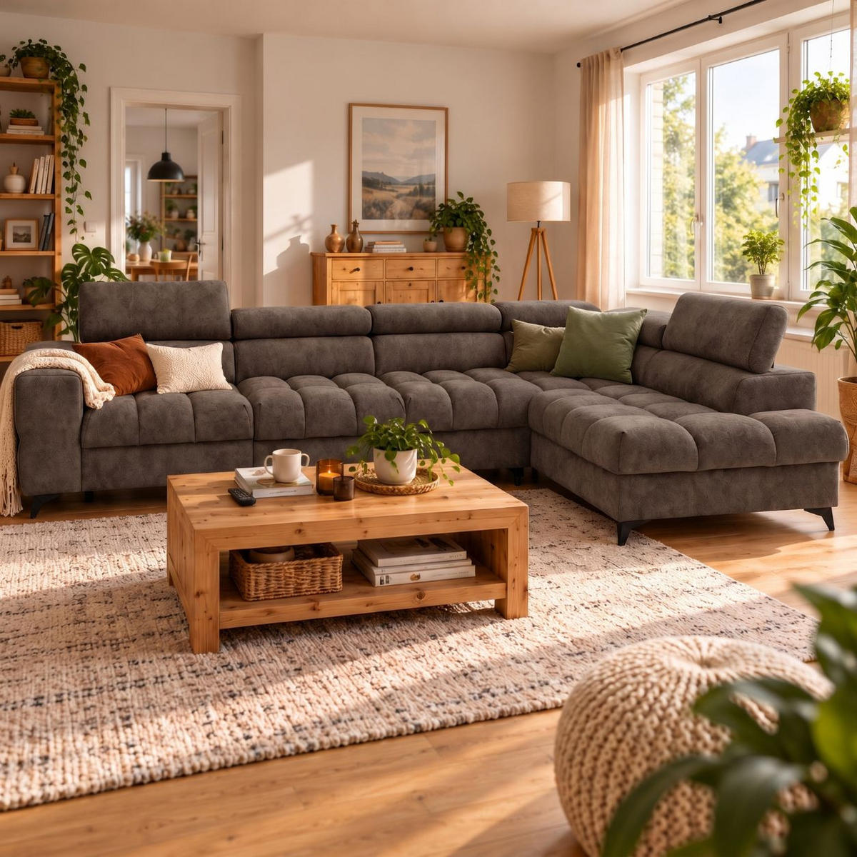 ECKSOFA PUDDING MAXI L Rechts mit Schlaffunktion 125x195 Velours Braun - Schwarz/Braun, Holz/Textil (203/350cm) - Muffo
