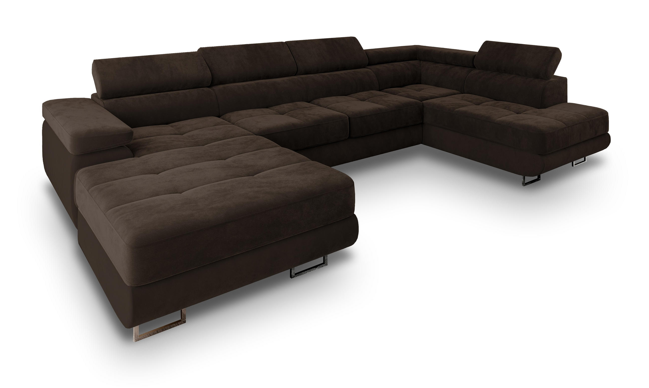 WOHNLANDSCHAFT CASONE R-S Braun Velours-Stoff mit Schlaffunktion - Braun, Holz (345/90/202cm) - MASSENO