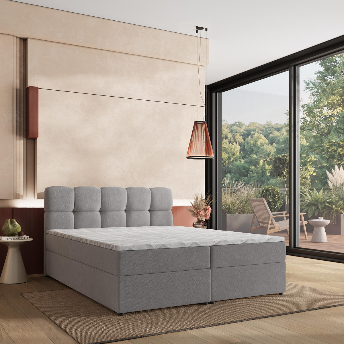 BOXBETT MERU 180x200 cm mit Matratze und Topper - Grau - Grau, Holz (180/200cm) - MASSENO