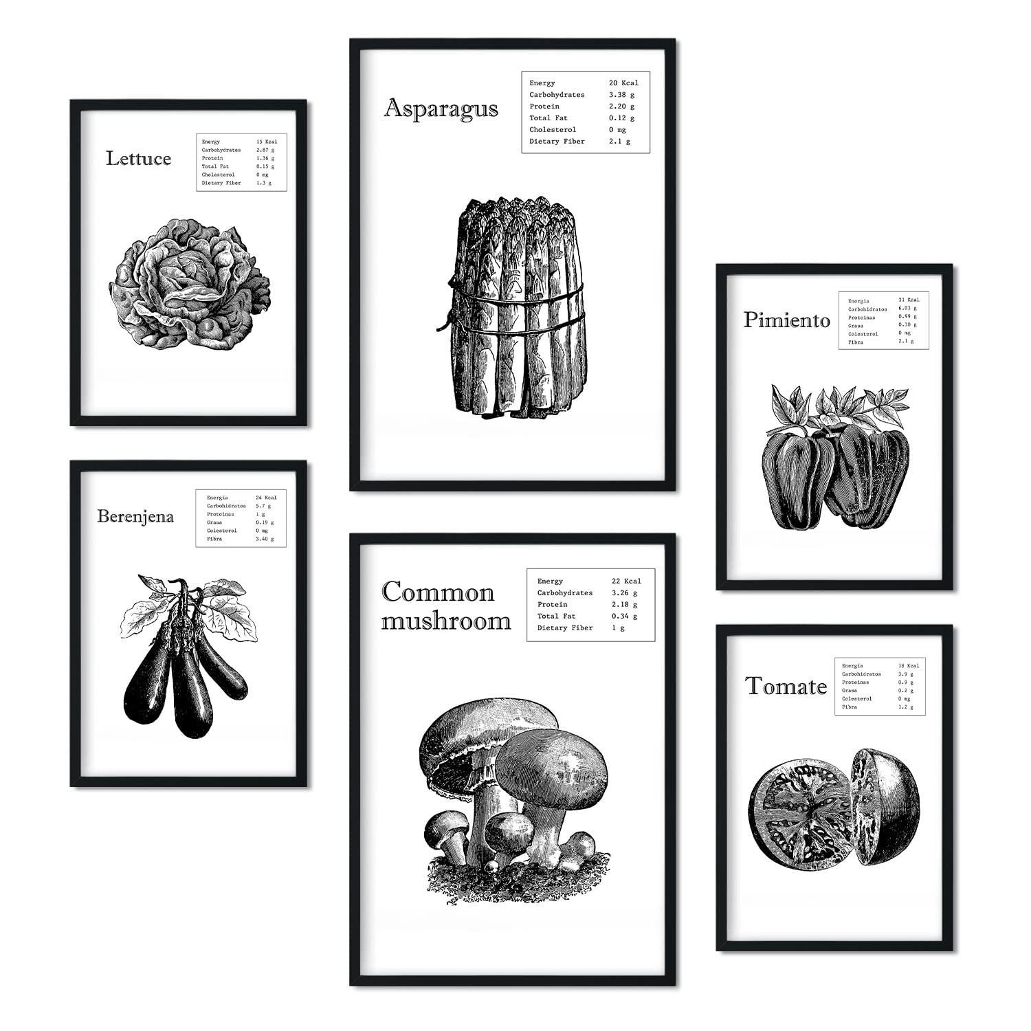 POSTER Set Mit 6 Gemüse Sammlung A3 & A4 Schwarzer Rahmen - Schwarz, Papier (29/3cm) - Nacnic