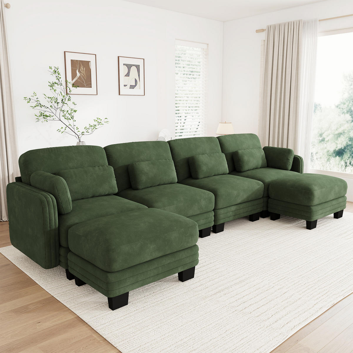 WOHNLANDSCHAFT 4-Sitzer U-Form mit 2 Ottomanen, DE-42686, Grün - Grün, Holz (330/88/143cm) - ComfortXL