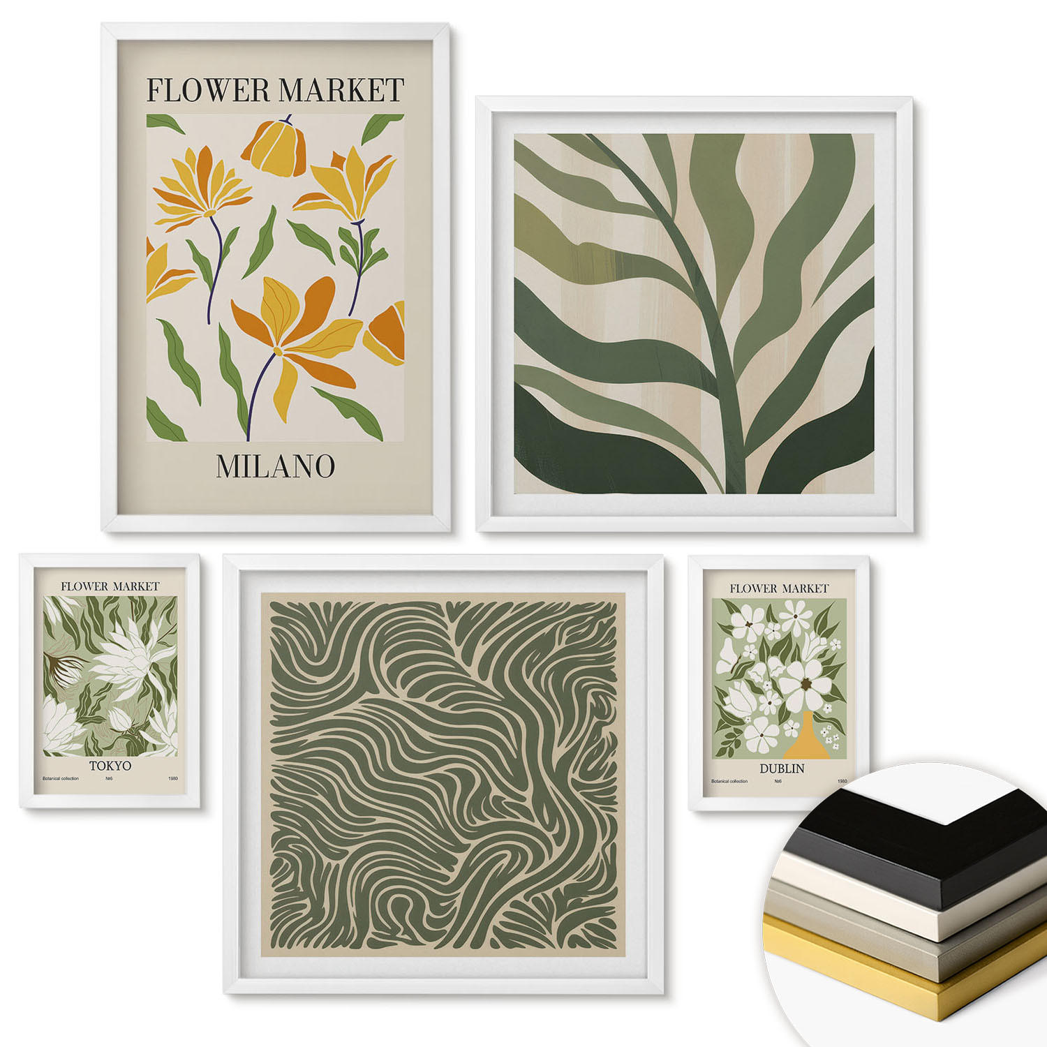 WANDBILDER 5er-Set - 50x50 cm & 20x30 cm & 40x60 cm Weißer Rahmen - Pflanzenmuster, Boho-Dekorationen - Weiß, Kunststoff (40/60cm) - ArtPrintCave