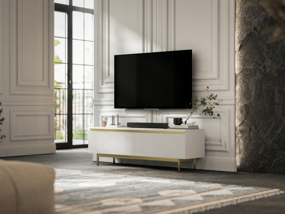 TV-SCHRANK Selene Weiß Matt 140 cm mit Metallrahmen Glamour - Goldfarben/Weiß, Holzwerkstoff (140/44/35cm) - Meble Lindner