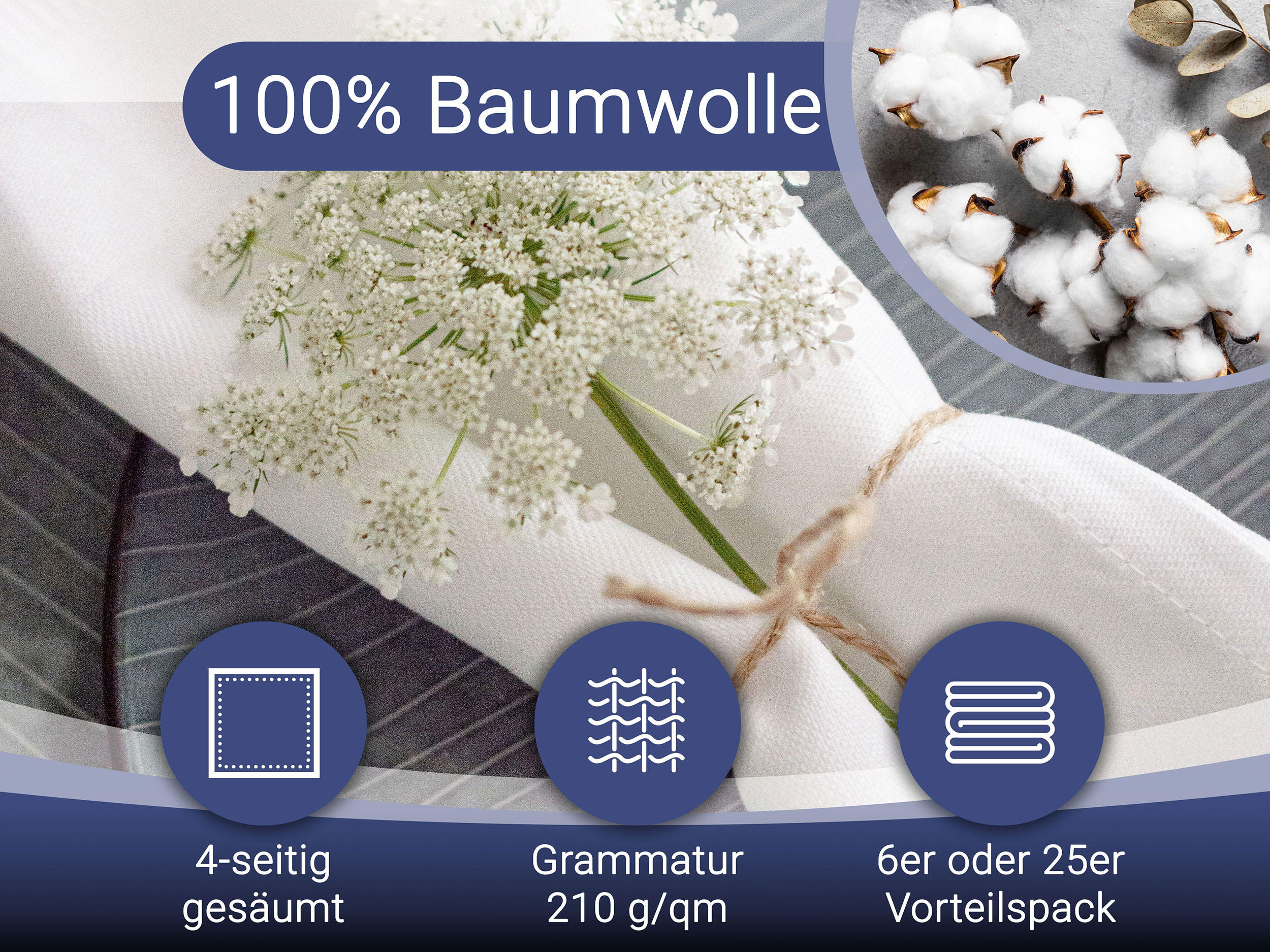 STOFFSERVIETTEN, 6er-Set, 50x50 cm, 100% Baumwolle, Weiß - Weiß, Textil (50/50cm) - Zollner