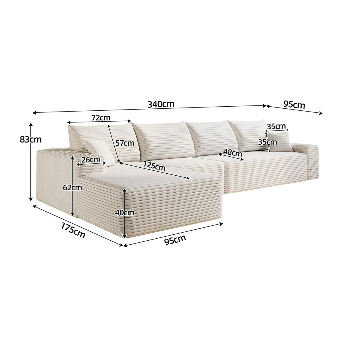 ECKSOFA 340/175/83 cm Weiß mit L-förmiger Chaiselongue, Linke Seite - Weiß, Textil (340/175cm) - Oxeza