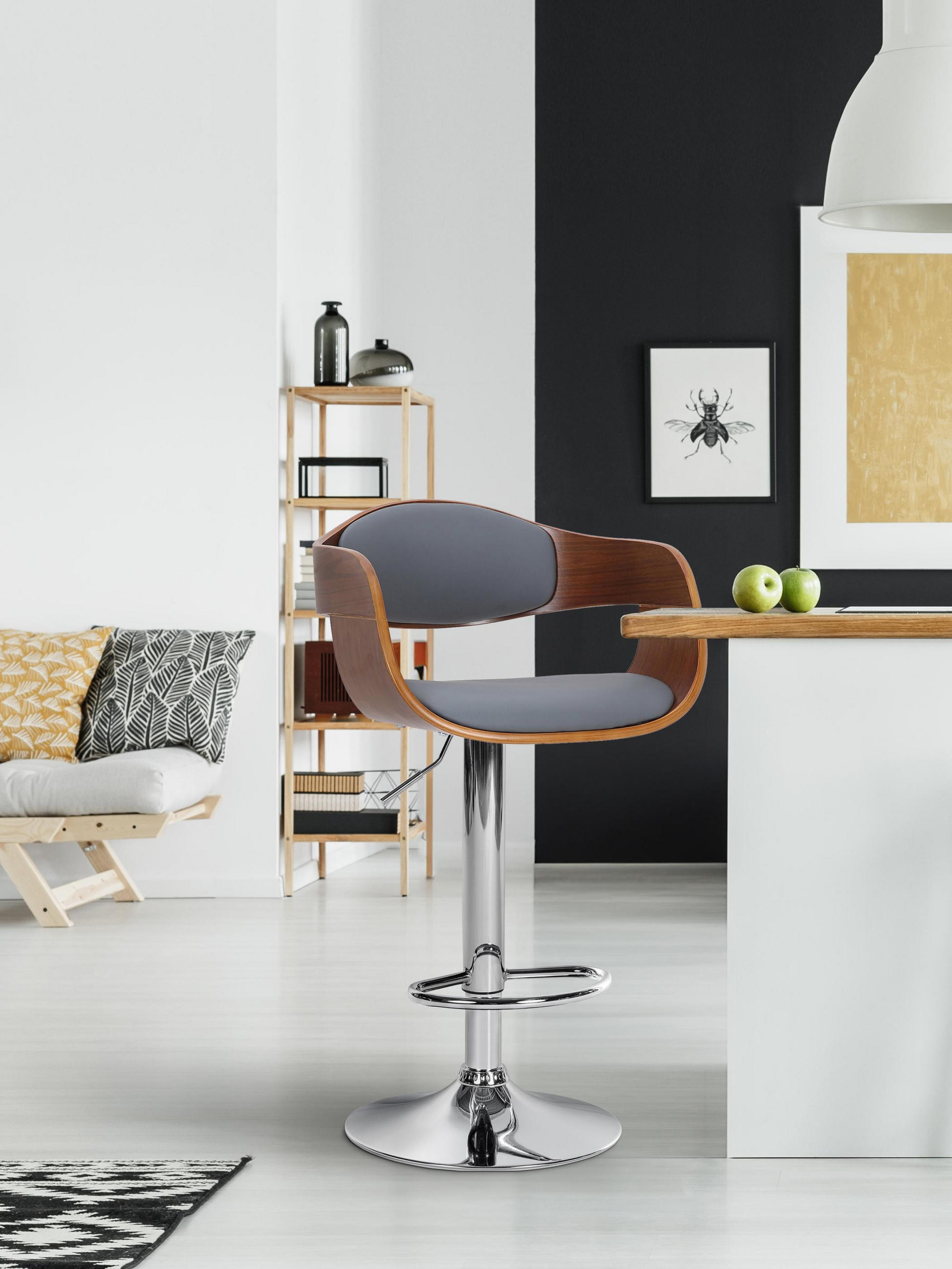 BARHOCKER Lederlook walnuss/grau - Chromfarben/Walnussfarben, Textil/Metall (50/88/48cm) - CLP