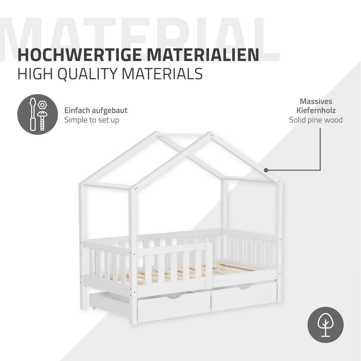 HAUSBETT mit Matratze 70x140 cm und 2 Schubladen Weiß aus Kiefernholz - Weiß, Holz (70/140cm) - ML-DESIGN