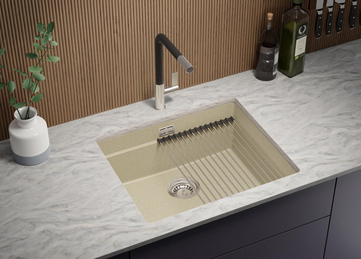 UNTERBAUSPÜLE GRANIT Praga, 2-er set Beige 56/47 cm 1 Becken + Küchenarmatur 38/14 cm + Ablauf-Set + Aufrollbare Abtropffläche ab 60er Unterschrank - Chromfarben/Beige, Kunststoff (56/20/47cm) - Primagran