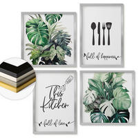 WANDBILDER 4er Set - 50x50 cm & 40x60 cm Silberner Rahmen - Küchenutensilienmuster Blätter - Silberfarben, Kunststoff (50/50cm) - ArtPrintCave