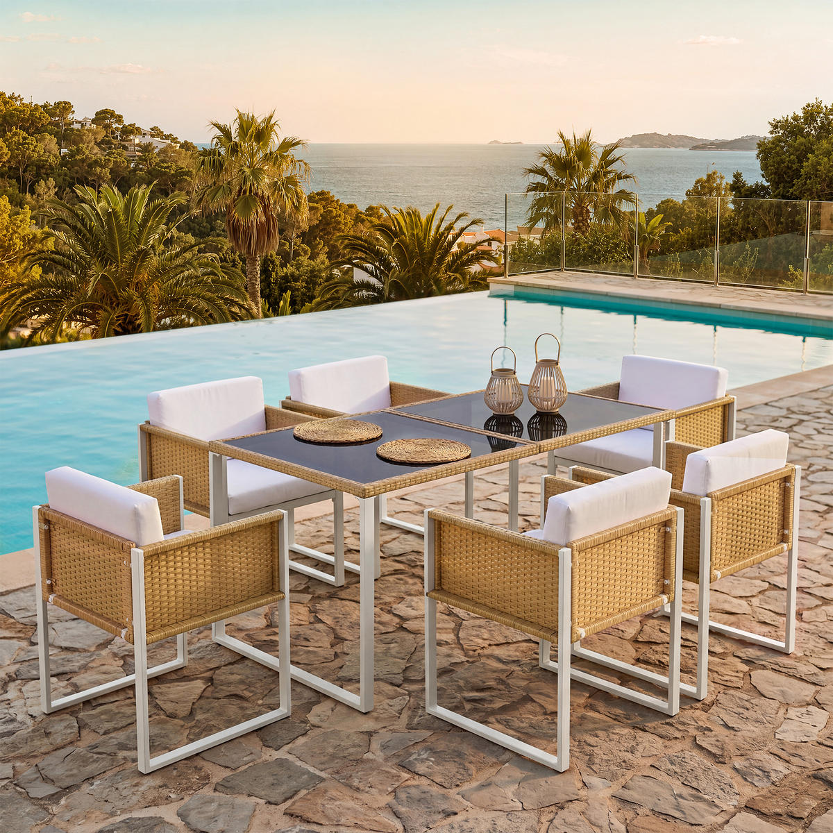 GARTENMÖBELSET Polyrattan 6 Personen Esstisch Stühle waschbar - Multicolor, Textil - FLIEKS