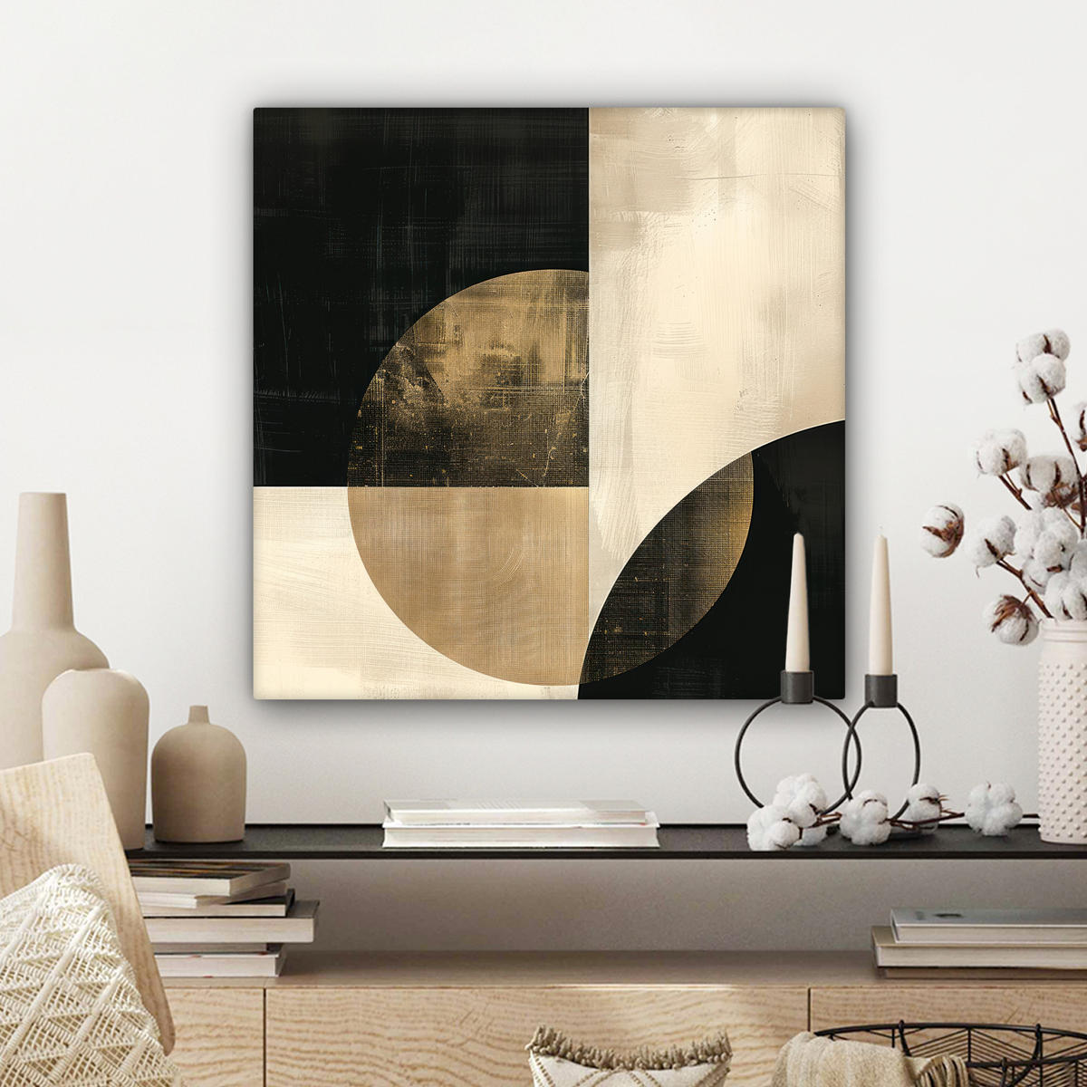 LEINWANDBILD Abstrakt - Geometrische Formen - Schwarz - Gold Wandbild Wohnzimmer 50x50 cm - Ecru, Textil (50/50cm) - MuchoWow