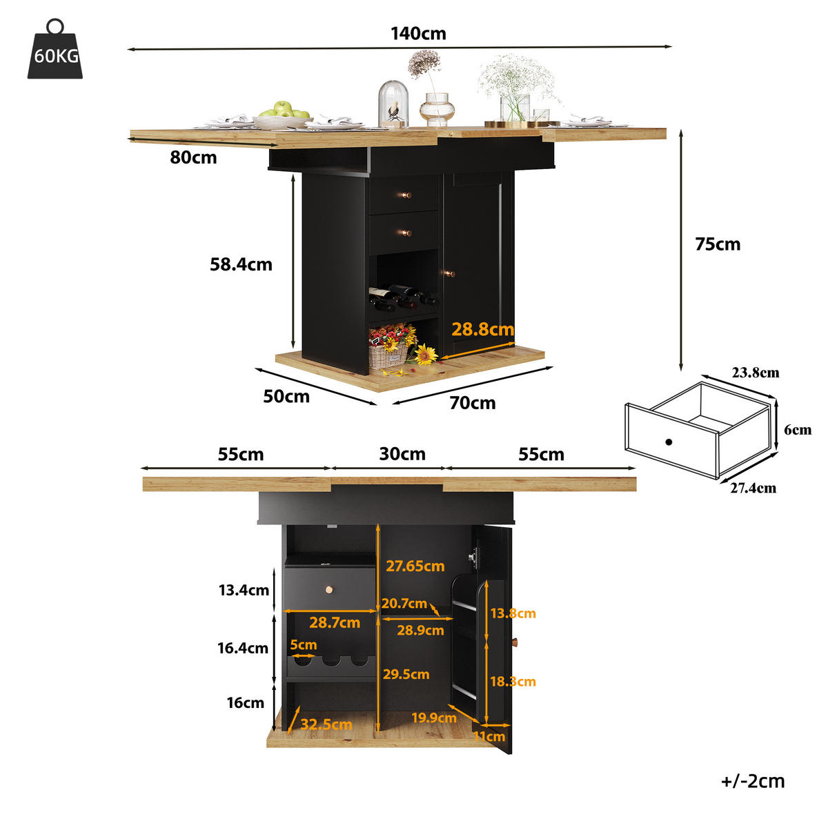 ESSTISCH, ausziehbar 110-140/80/75 cm mit Stauraum & Snack-/Weinregal, Schwarz/Natur - Schwarz, Holzwerkstoff (110/80/75cm) - Redom